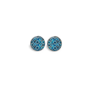 Turquoise and navy blue batik-themed stud earrings