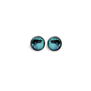 Acacia tortilli themed stud earrings on a bright turquoise background