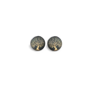 Stud earrings decorated with a gold tree of life on a moss green background 