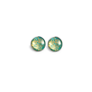 Stud earrings on the theme of turquoise and gold leaf daffodils 