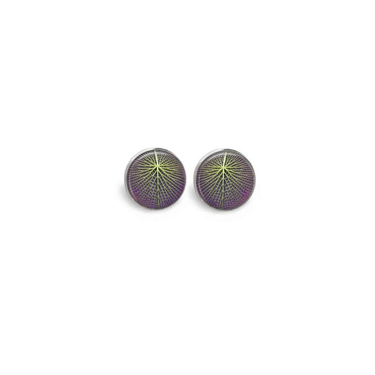 Boucles d'oreilles avec une feuille de lotus géante sur fond violet et vert