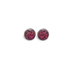 Stud earrings with a floral pattern on a plum background