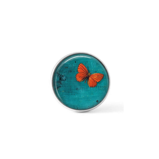 Cabochon / bouton pour bijoux interchangeables - Papillon orange sur fond vert turquoise