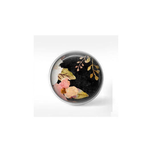 Bouton cabochon clipsable pour bijoux interchangeables : motif boho floral sur fond noir - fleurs roses et feuilles