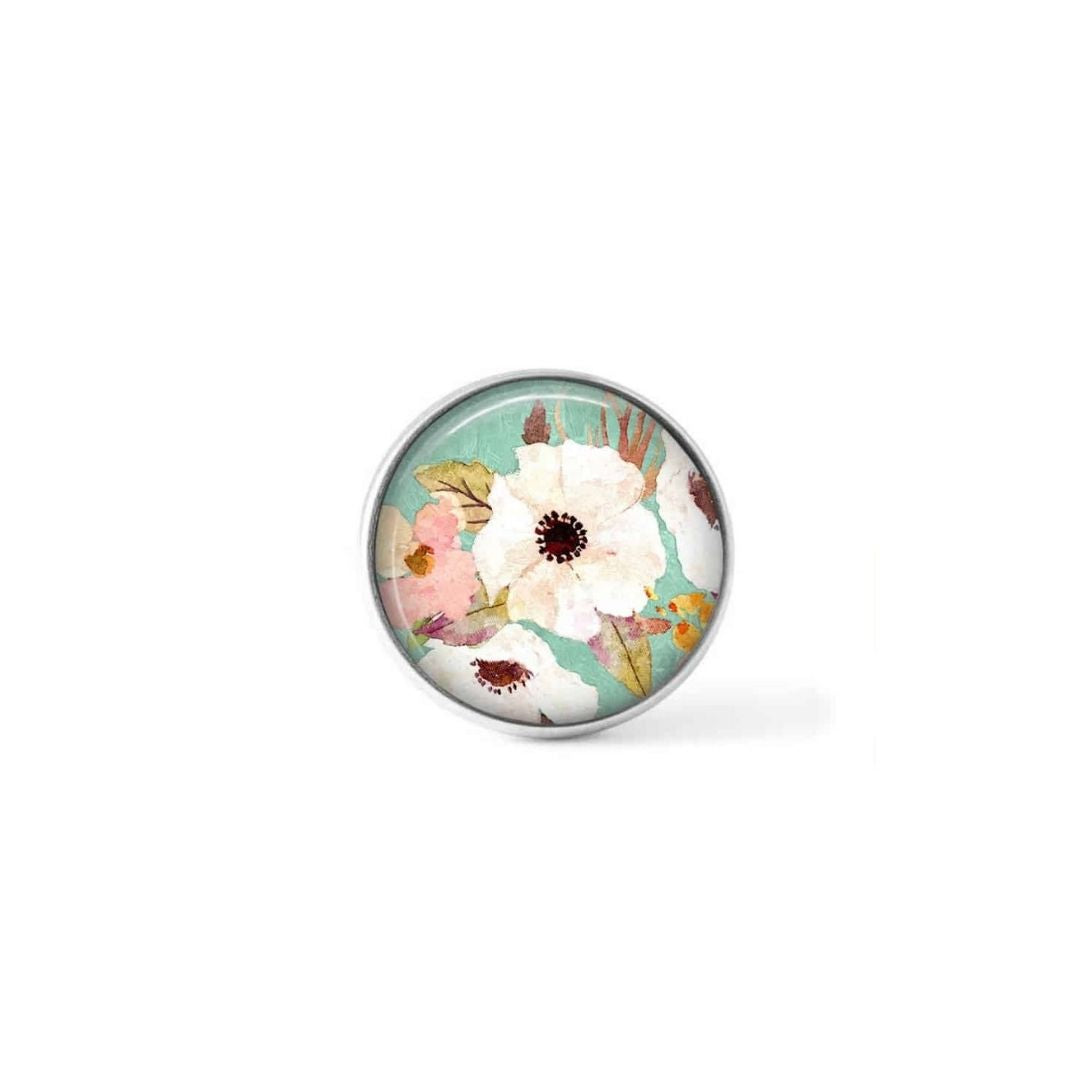 Bouton cabochon clipsable pour bijoux interchangeables : motif boho floral vert d'eau et fleurs blanches