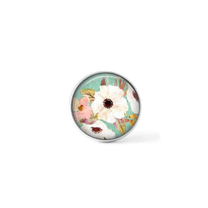 Clip-on cabochon button for interchangeable jewelry: water green floral boho pattern and white flowers