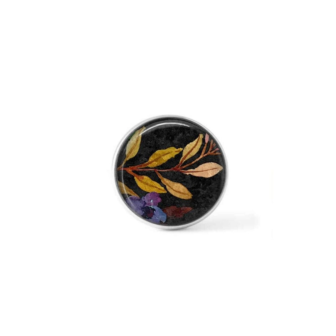 Bouton cabochon clipsable pour bijoux interchangeables : motif boho floral sur fond noir - branches et fleur bleue