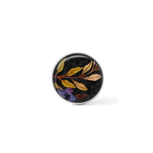 Clip-on cabochon button for interchangeable jewelry: boho floral pattern on a black background - branches and blue flower