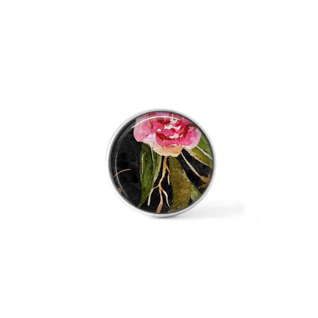 Bouton cabochon clipsable pour bijoux interchangeables : motif boho floral sur fond noir - Rose