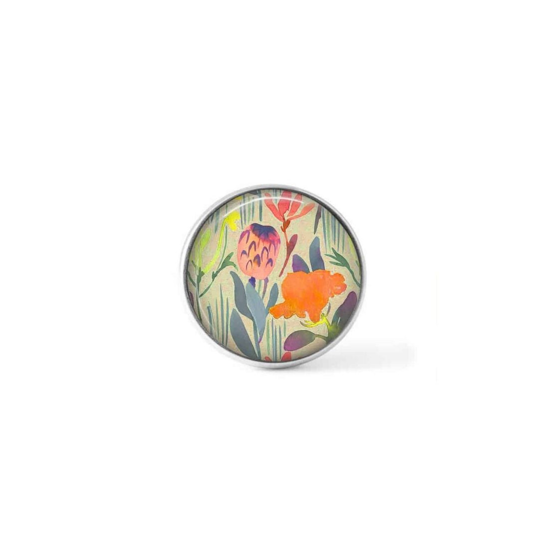 Bouton cabochon clipsable pour bijoux interchangeables : motif floral orange et rose