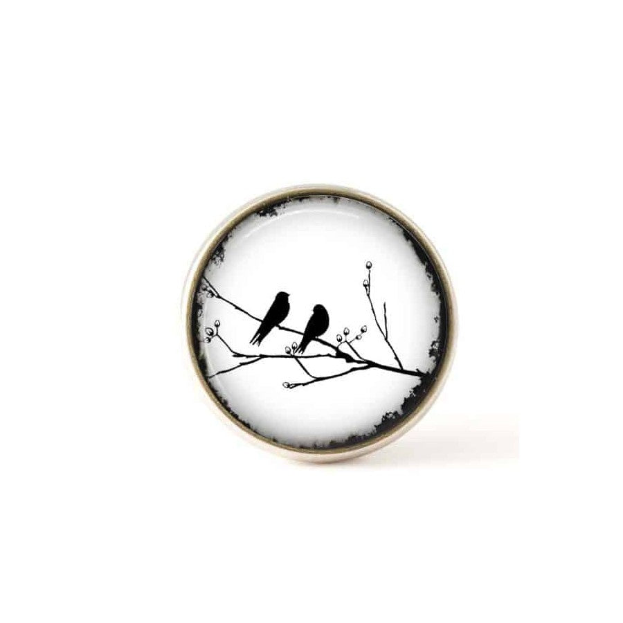 Bouton / Cabochon pour bijoux interchangeables- Oiseau sur la branche Blanc.