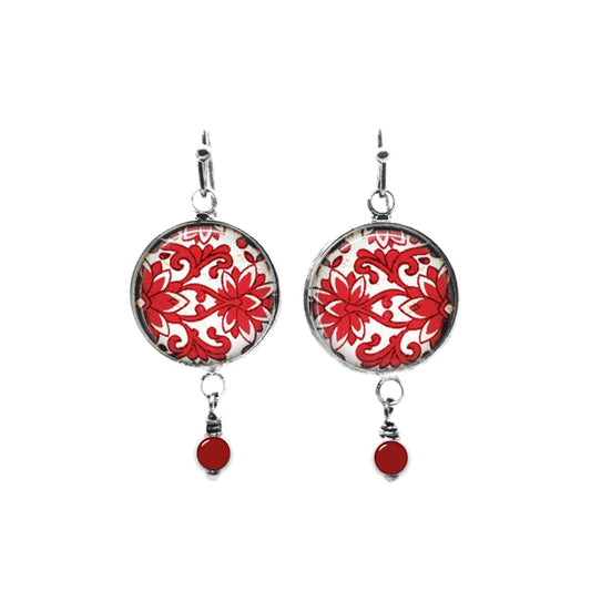 Boucles d'oreilles pendantes à thème damassé rouge