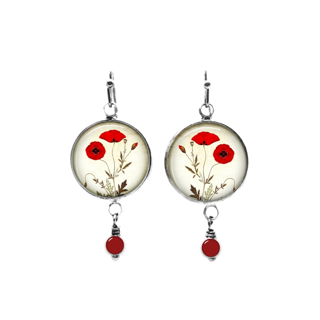 Boucles d'oreilles pendantes avec perles sur le thème des coquelicots botaniques