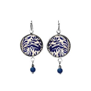 Navy and White Floral Porcelain Themed Beaded Drop Earrings