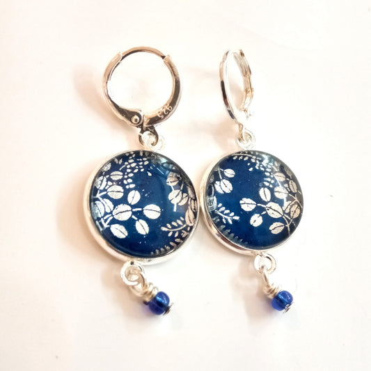 Boucles d'oreilles thème Jardin bleu et argent