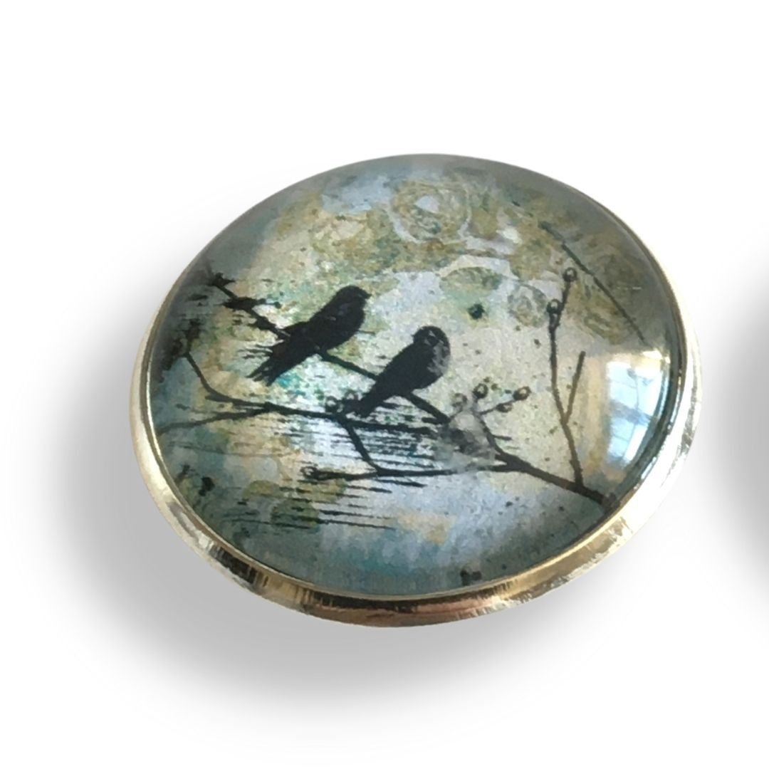 Bouton / Cabochon pour bijoux interchangeables- Oiseau sur la branche Sarcelle.