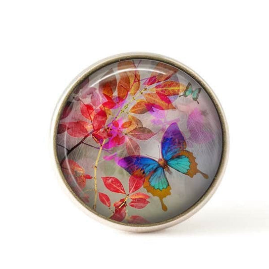 Bouton / Cabochon pour bijoux interchangeables-feuillage rouge et papillon