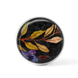 Clip-on cabochon button for interchangeable jewelry: boho floral pattern on a black background - branches and blue flower