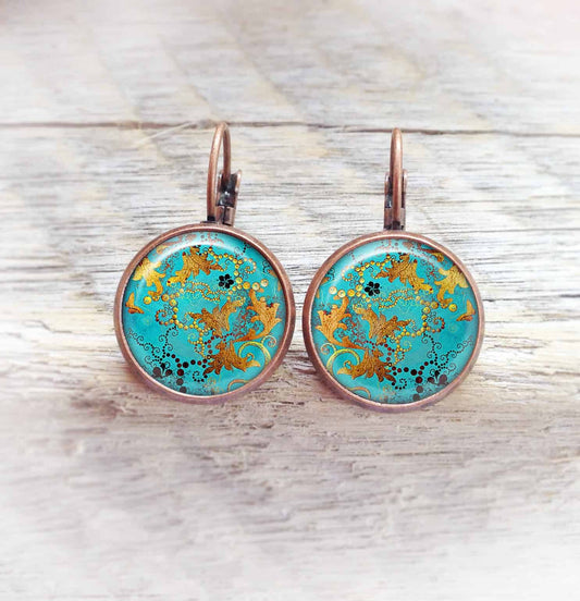 Boucles d'oreilles dormeuses thème turquoise et cuivre- support cuivre